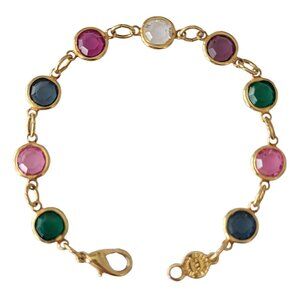Austria Pink Blue Green Gold Tone Caged Crystal Chain Bracelet, 7.25" Long E757